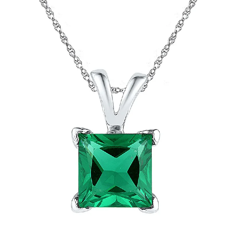 Sterling Silver Womens Princess Lab-Created Emerald Solitaire Pendant 1-1/3 Cttw