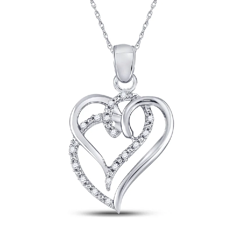 Sterling Silver Womens Round Diamond Double Heart Pendant 1/10 Cttw