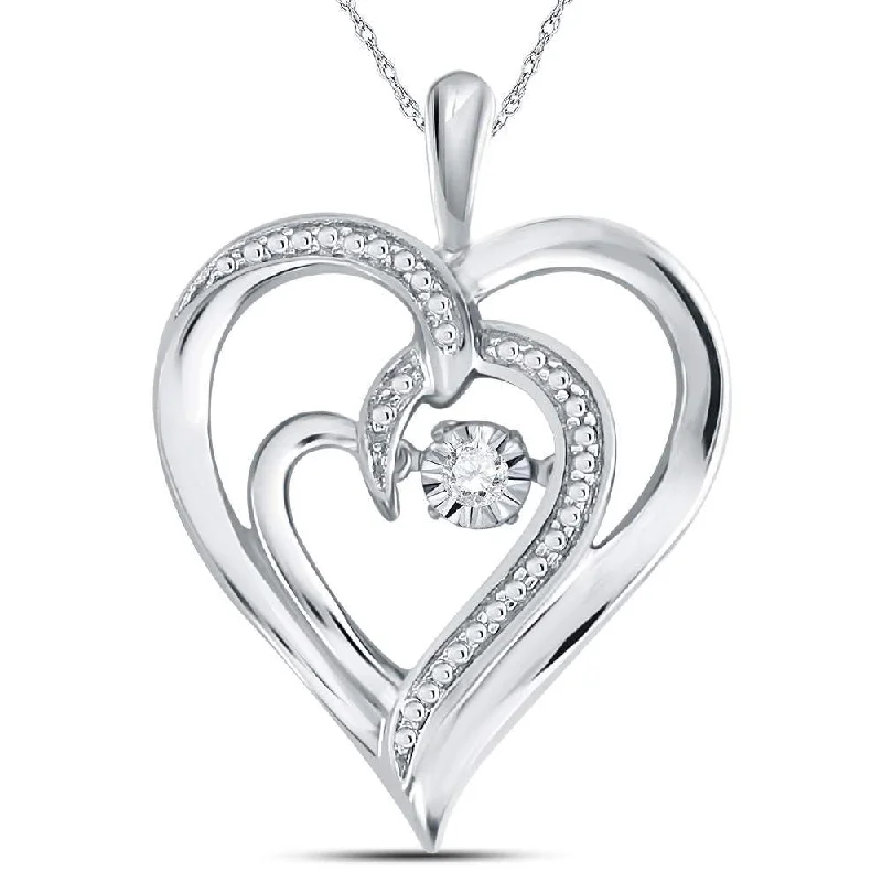 Sterling Silver Womens Round Diamond Heart Moving Twinkle Pendant .03 Cttw