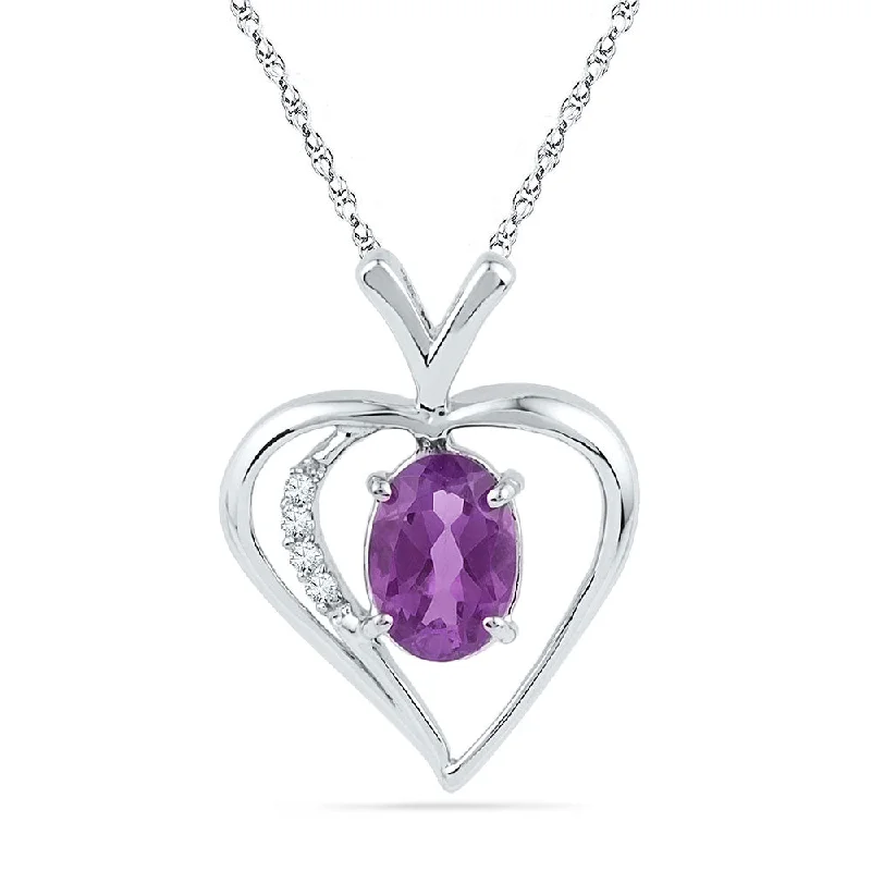 Sterling Silver Womens Round Lab-Created Amethyst Heart Pendant 3/4 Cttw