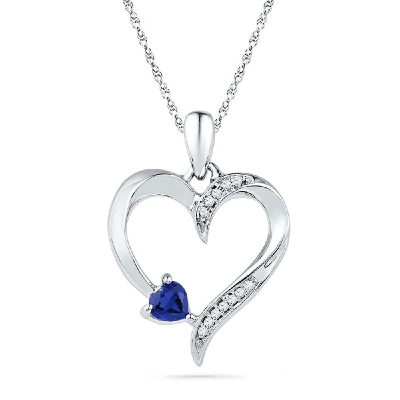 Sterling Silver Womens Round Lab-Created Blue Sapphire Heart Pendant 1/4 Cttw