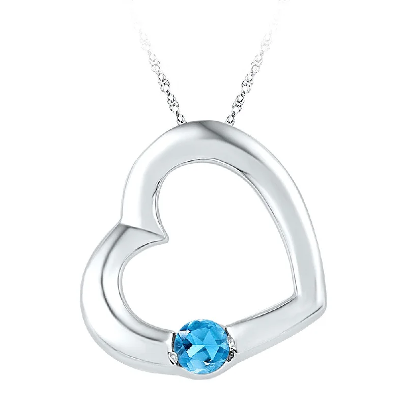 Sterling Silver Womens Round Lab-Created Blue Topaz Heart Pendant 1/6 Cttw