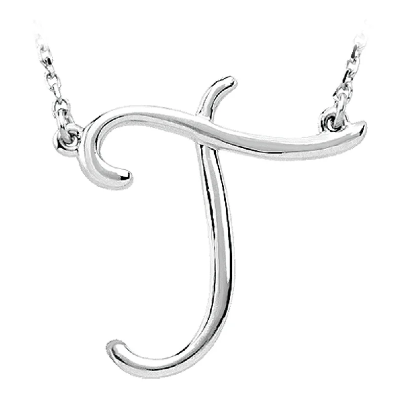 14k White Gold, Olivia Collection, Medium Script Initial T Necklace