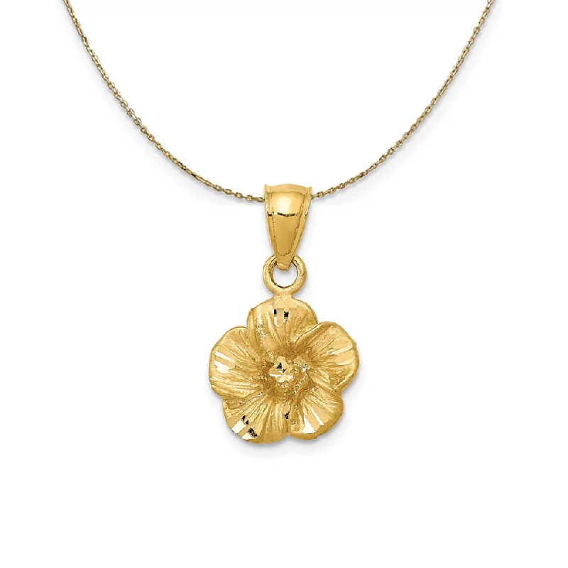 14k Yellow Gold 3D Satin & Diamond Cut Hibiscus Necklace