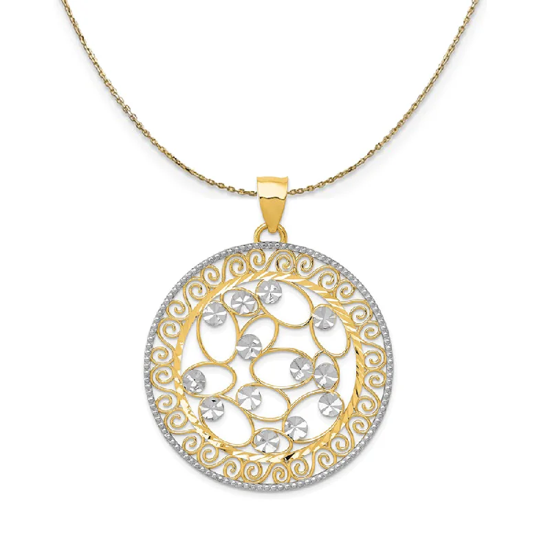 14k Yellow Gold & Rhodium D/C Ornate Circle, 38mm Necklace