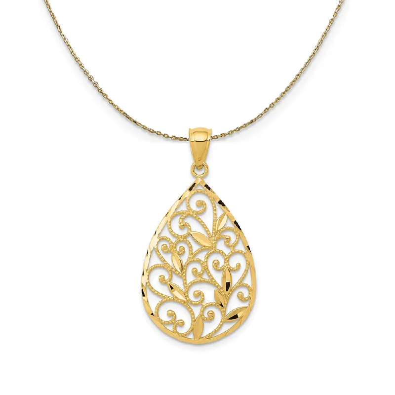 14k Yellow Gold Vine Filigree Teardrop Necklace