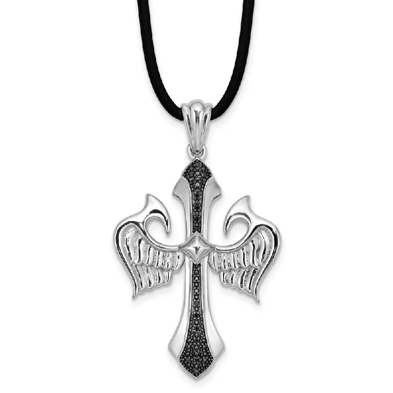 Black Diamond Sterling Silver Cross with Wings & Rubber Cord Necklace