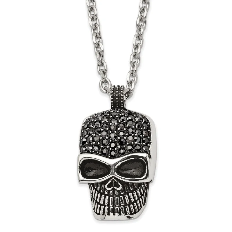 Men's Stainless Steel & Black Crystal Large Skull Necklace, 24 Inch