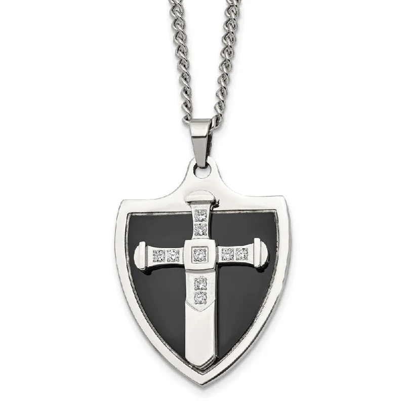 Mens Stainless Steel, Black Plated & CZ Cross Shield Necklace, 24 Inch