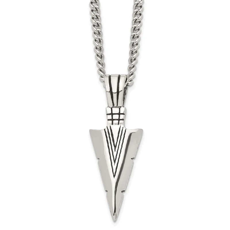 Men's Stainless Steel Large Antiqued Arrowhead Necklace, 22 Inch