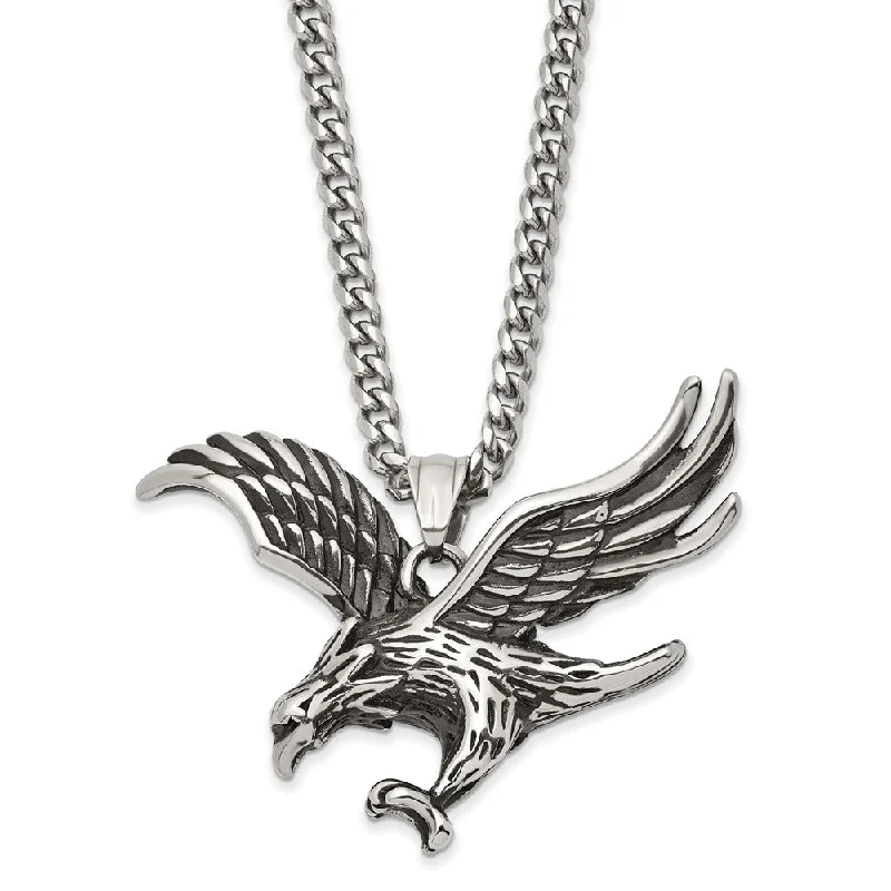 Men's Stainless Steel Large Antiqued Eagle Necklace, 24 Inch