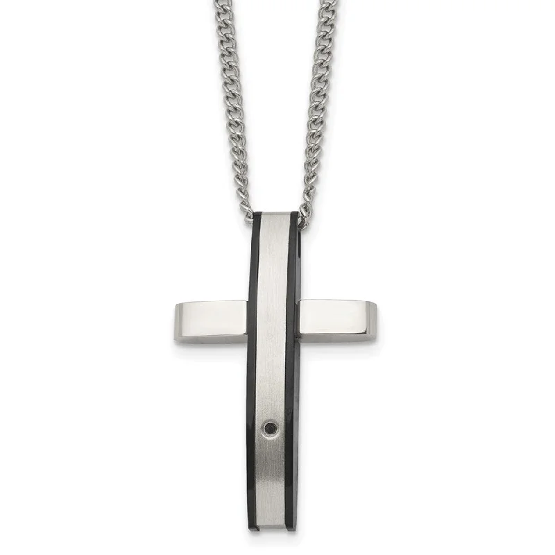 Stainless Steel .01ct Black Diamond Convex Cross Necklace, 24 Inch