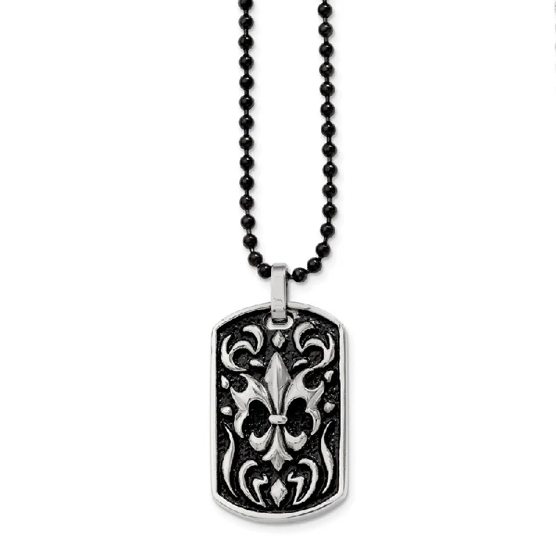 Stainless Steel Antiqued Fleur de lis Dog Tag Necklace - 24 Inch