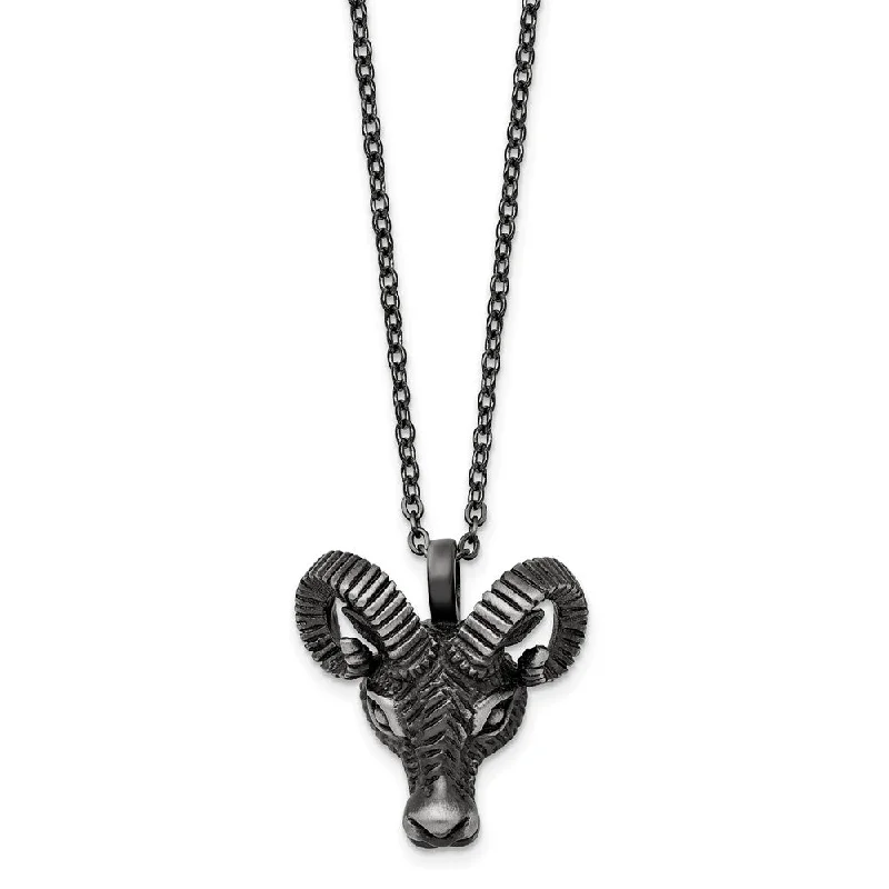 Stainless Steel Antiqued White Bronze-Plated Rams Head Necklace, 24 In