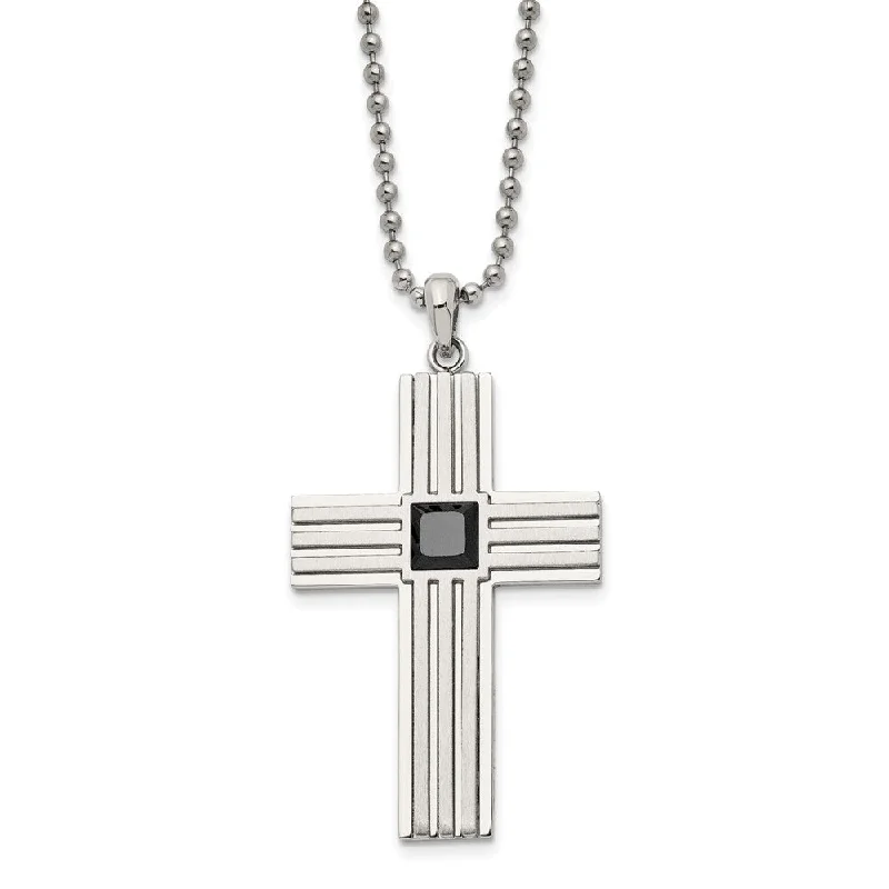 Stainless Steel & Black CZ Brushed & Polished Cross Necklace, 24 Inch