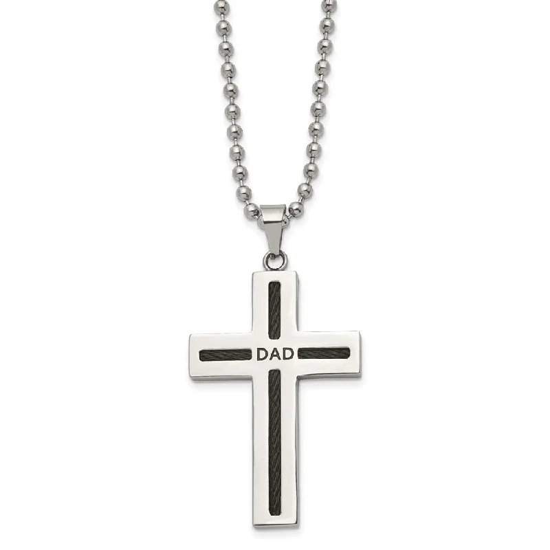 Stainless Steel & Black Plated Cable DAD Cross Necklace, 24 Inch