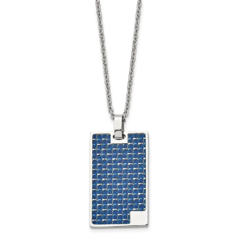 Stainless Steel & Blue Carbon Fiber Inlay Dog Tag Necklace, 22 Inch