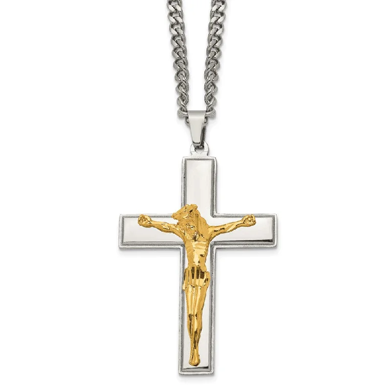 Stainless Steel & Gold Tone Plated Large Crucifix Necklace, 24 Inch