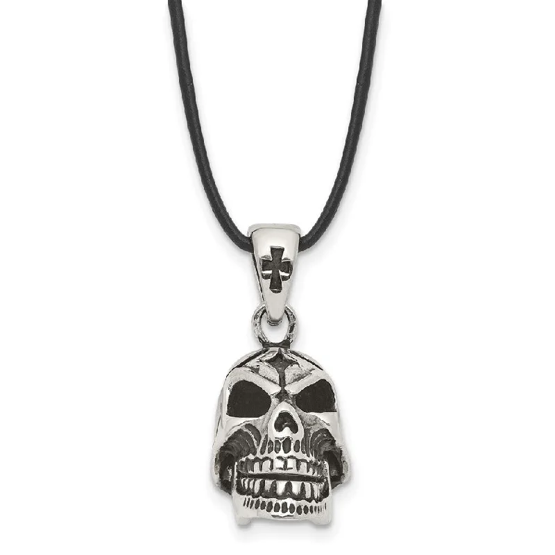 Stainless Steel & Leather Cord 3D Moveable Skull Necklace, 20 Inch