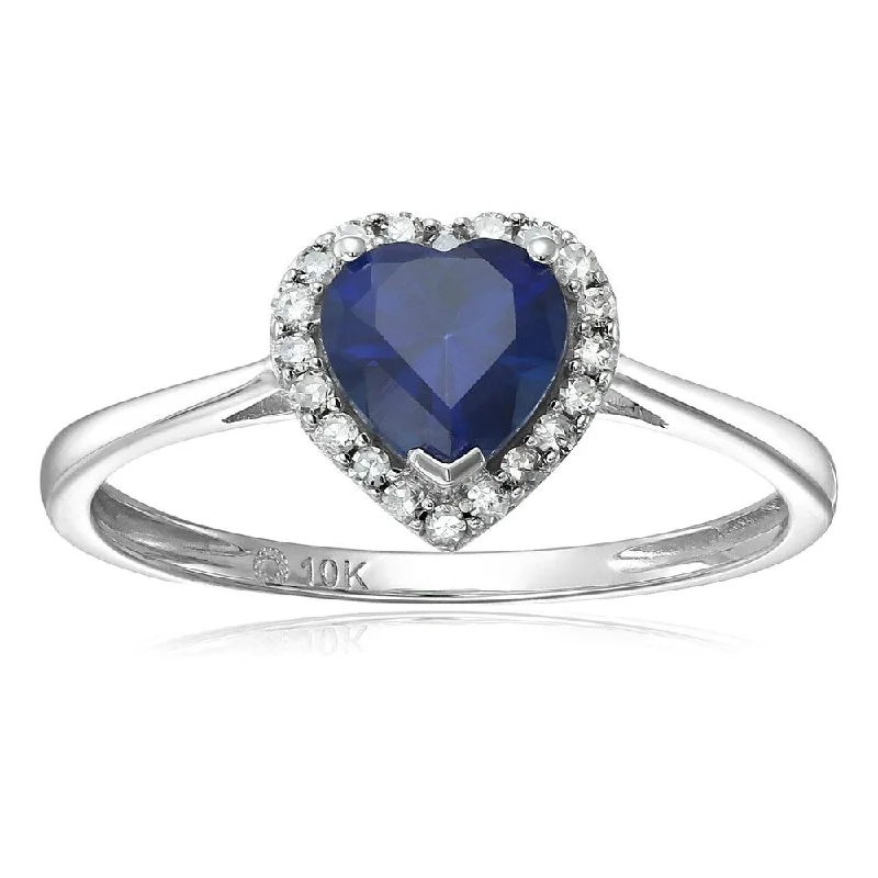 10k White Gold Created Blue Sapphire & Di Solitaire Heart Halo Ring