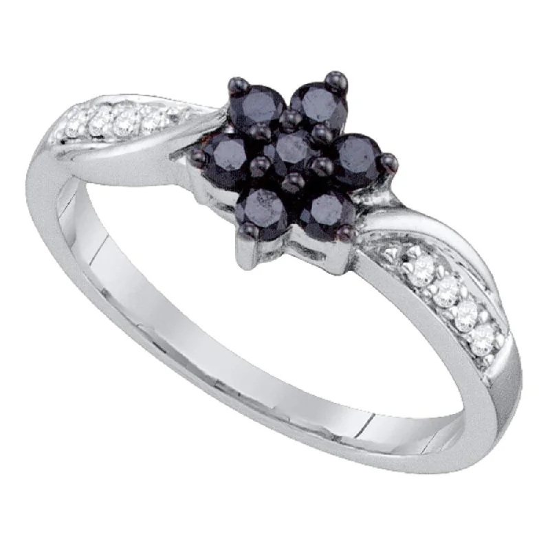 10kt White Gold Womens Round Black Color Enhanced Diamond Cluster Ring 1/3 Cttw