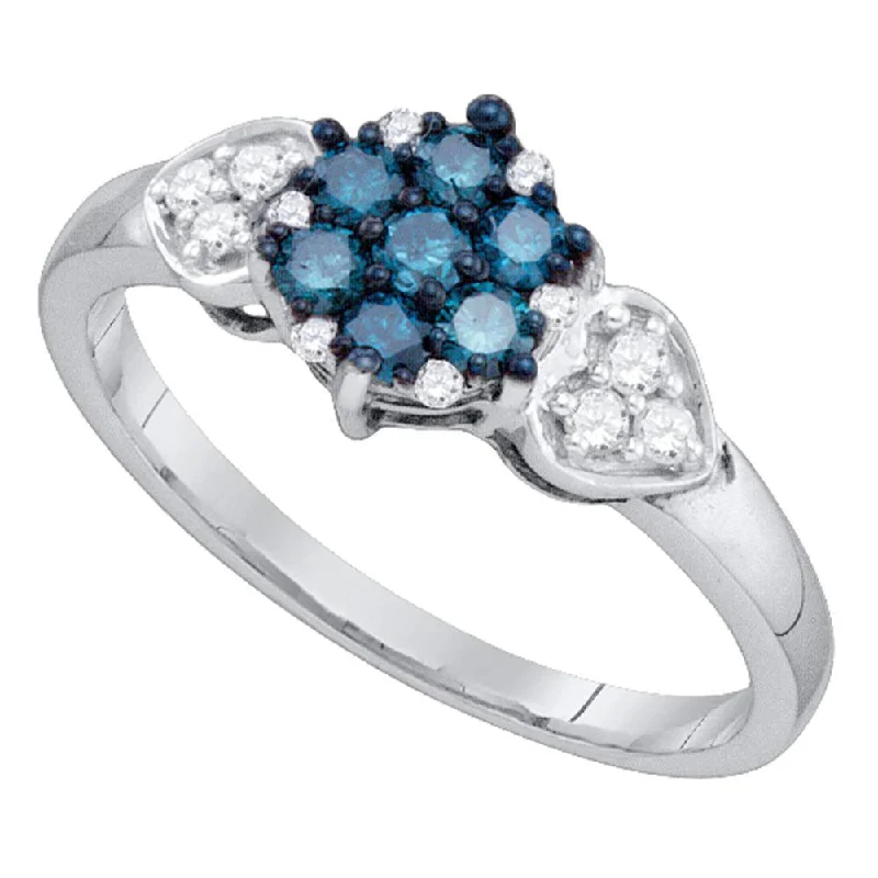 10kt White Gold Womens Round Blue Color Enhanced Diamond Cluster Ring 1/3 Cttw