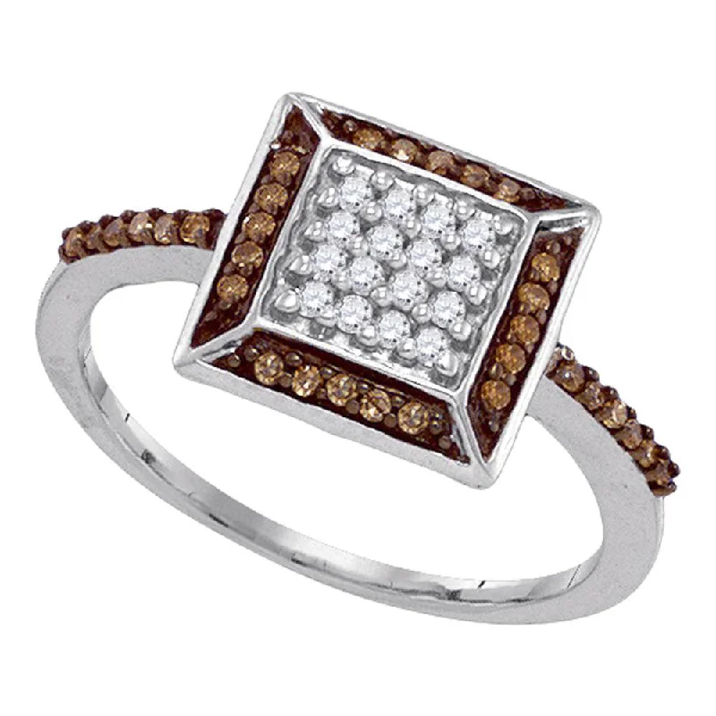 10kt White Gold Womens Round Brown Diamond Square Frame Cluster Ring 1/4 Cttw