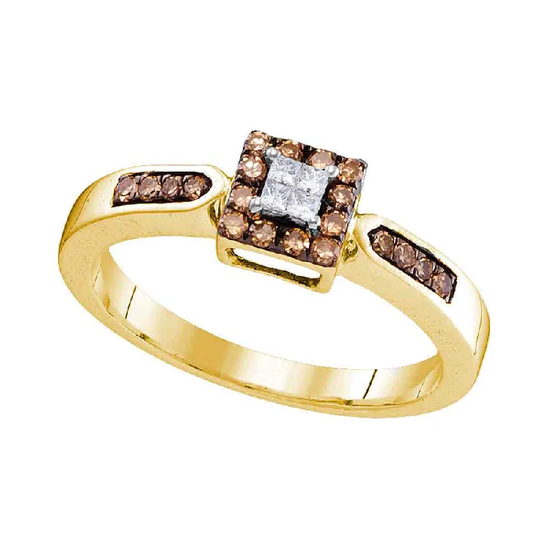 10kt Yellow Gold Womens Round Brown Diamond Square Cluster Ring 1/4 Cttw