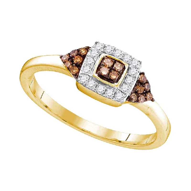 10kt Yellow Gold Womens Round Brown Diamond Square Cluster Ring 1/5 Cttw