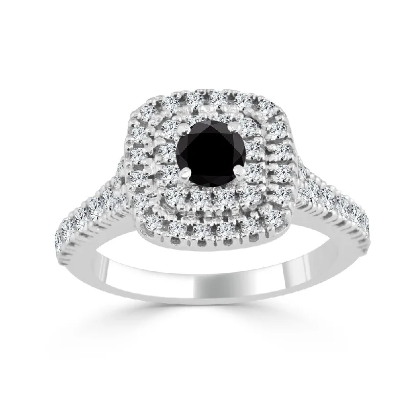 14k Gold 1ct TDW Round Double Halo Black Diamond Engagement Ring by Auriya