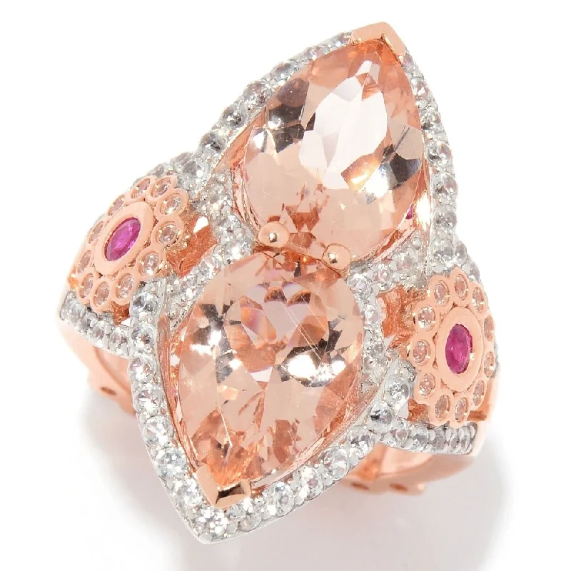 14K Rose Gold 7.19ctw Morganite, Ruby & White Zircon Elongated Ring