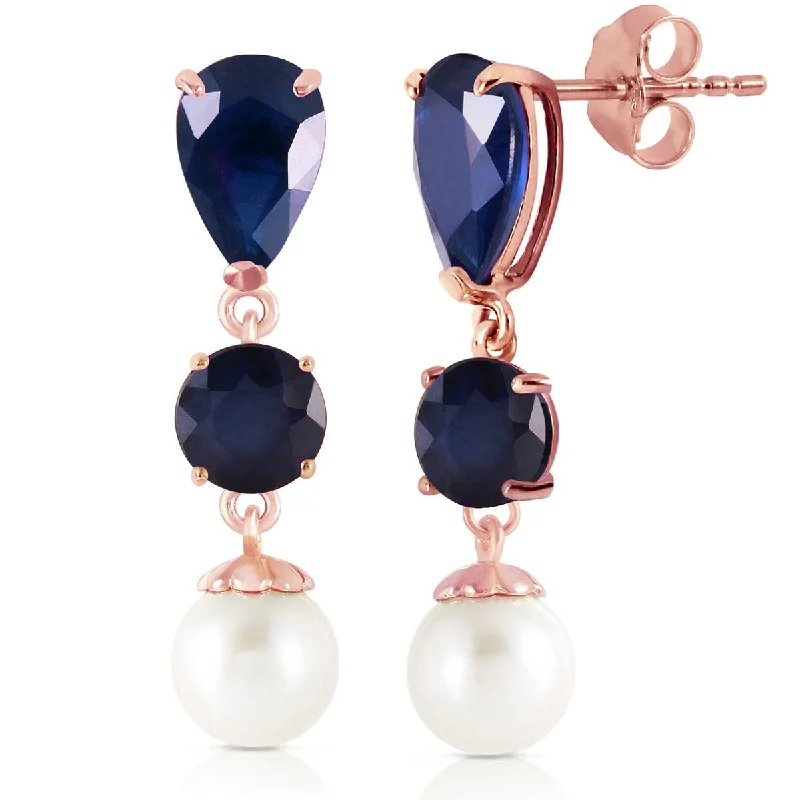 14K Solid Rose Gold Chandelier Fine Sapphire & Pearl Earrings