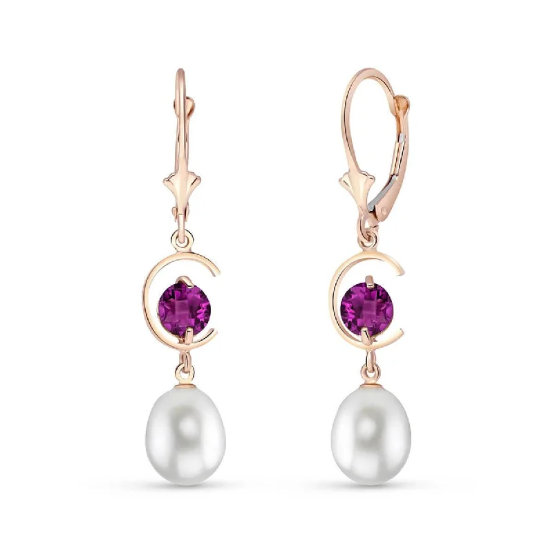 14K Solid Rose Gold Leverback Earrings Amethyst & Pearl