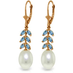 14K Solid Rose Gold Leverback Earrings Blue Topaz & Pearl Jewelry