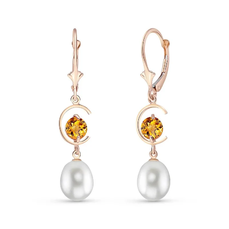 14K Solid Rose Gold Leverback Earrings Citrine & Pearl Gemstone