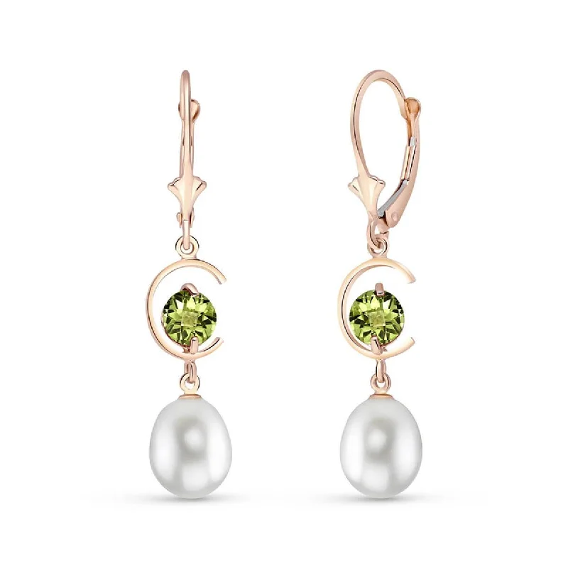 14K Solid Rose Gold Leverback Earrings Peridot & Pearl Gemstone