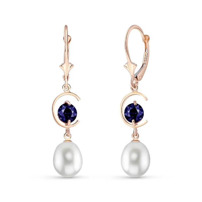 14K Solid Rose Gold Leverback Earrings Sapphire & Pearl Gemstone