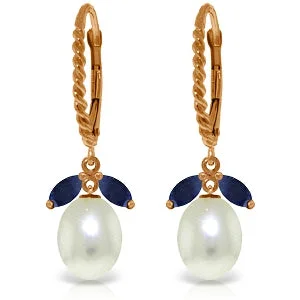 14K Solid Rose Gold Leverback Earrings Sapphire & Pearl