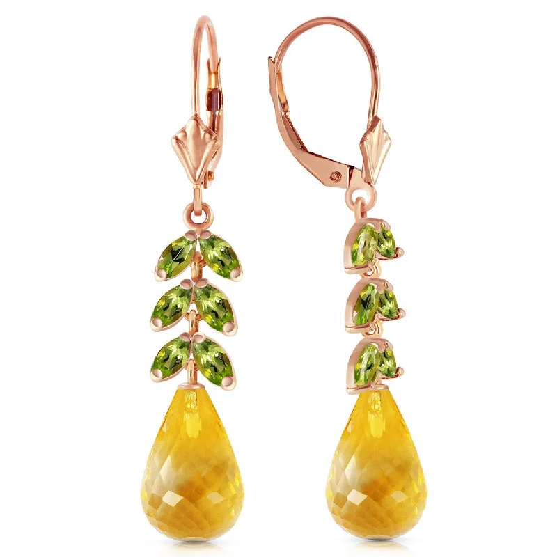 14K Solid Rose Gold Leverback Earrings w/ Peridot & Citrines