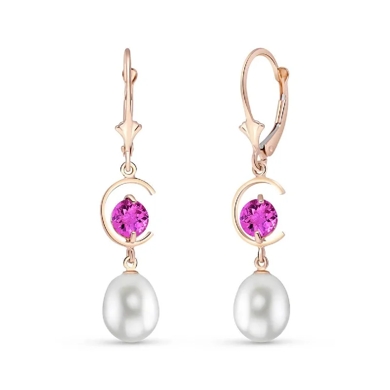 14K Solid Rose Gold Leverback Earrings w/ Pink Topaz & Pearls