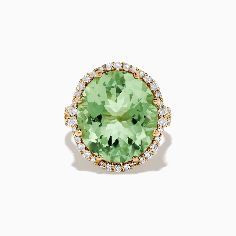 14K Yellow Gold Green Amethyst and Diamond Ring