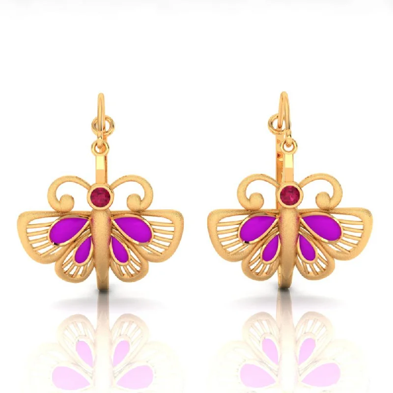 18k Classy Gold Butterfly Shaped Earrings With Red And Purple Stones