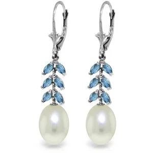 9.2 Carat 14K Solid White Gold Blue Moon Blue Topaz Pearl Earrings