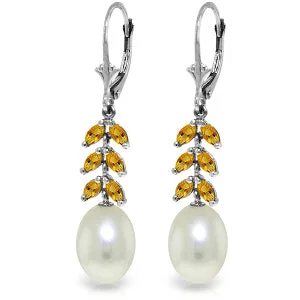 9.2 Carat 14K Solid White Gold Lead Forth Citrine Pearl Earrings