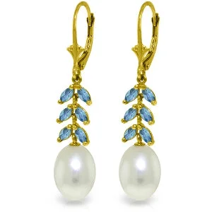 9.2 Carat 14K Solid Yellow Gold Fern Blue Topaz Pearl Earrings