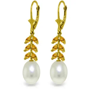 9.2 Carat 14K Solid Yellow Gold Fern Citrine Pearl Earrings