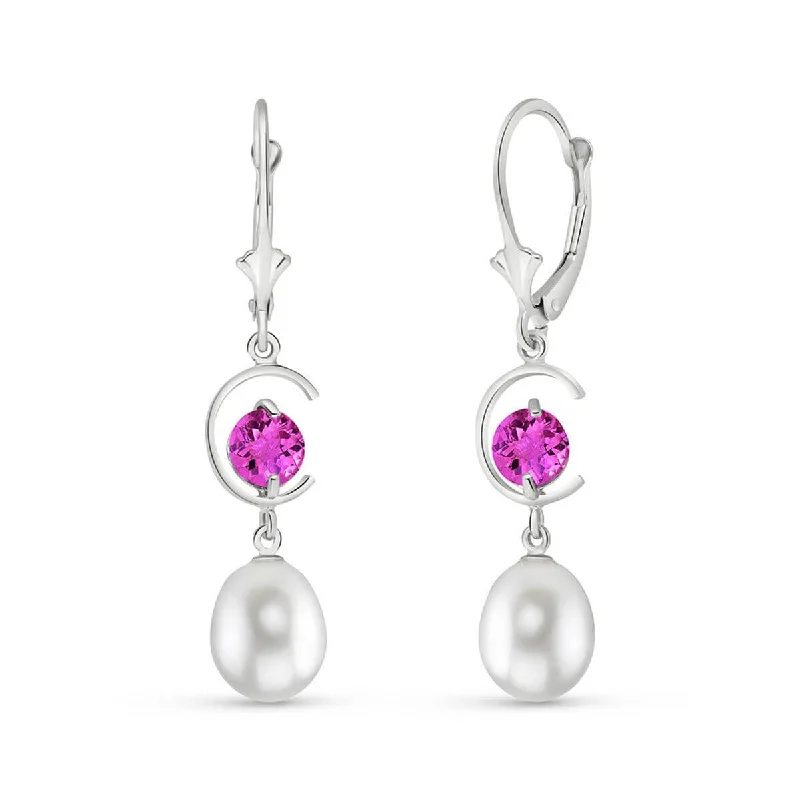 9 Carat 14K Solid White Gold Leverback Earrings Pink Topaz Pearl