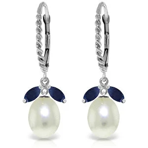 9 Carat 14K Solid White Gold Leverback Earrings Sapphire Pearl