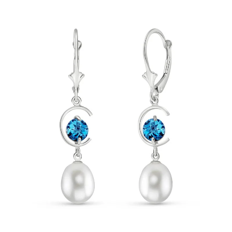 9 Carat 14K Solid White Gold Music Is Everywhere Blue Topaz Pearl Earrings