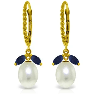 9 Carat 14K Solid Yellow Gold Leverback Earrings Sapphire Pearl